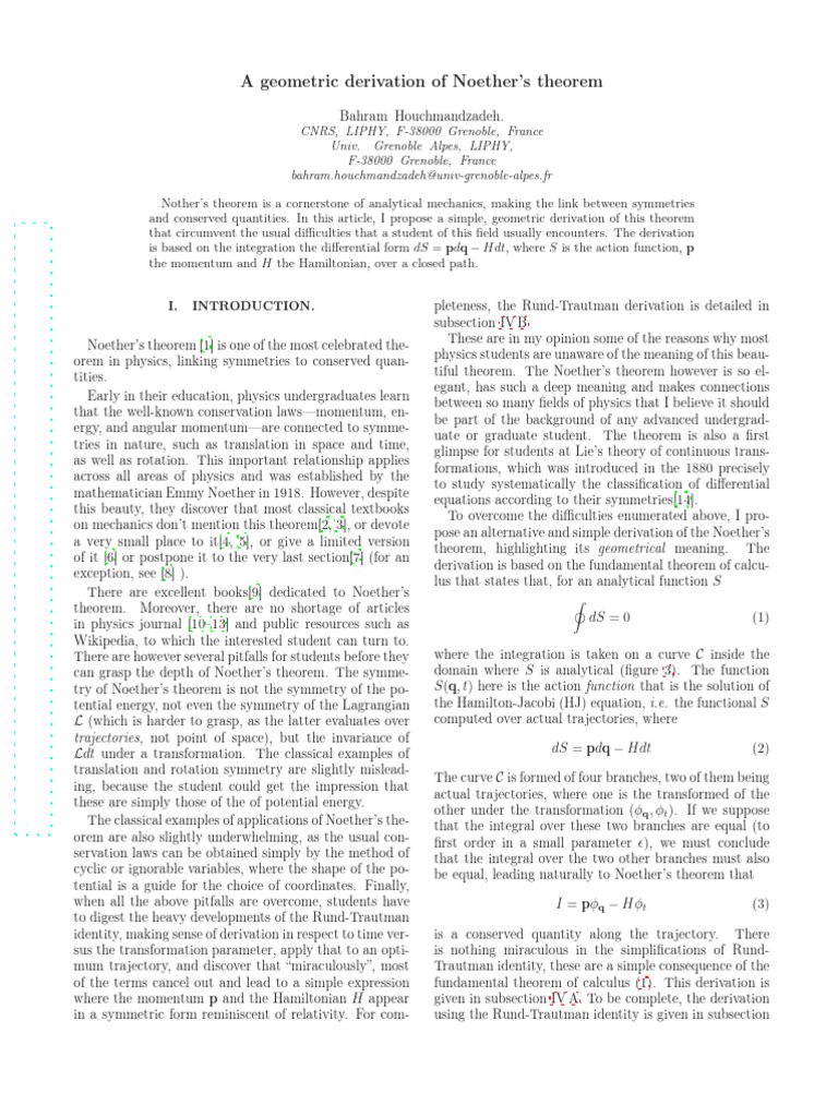 Geometric Derivation of Noether's Theorem | PDF | Noether's Theorem ...