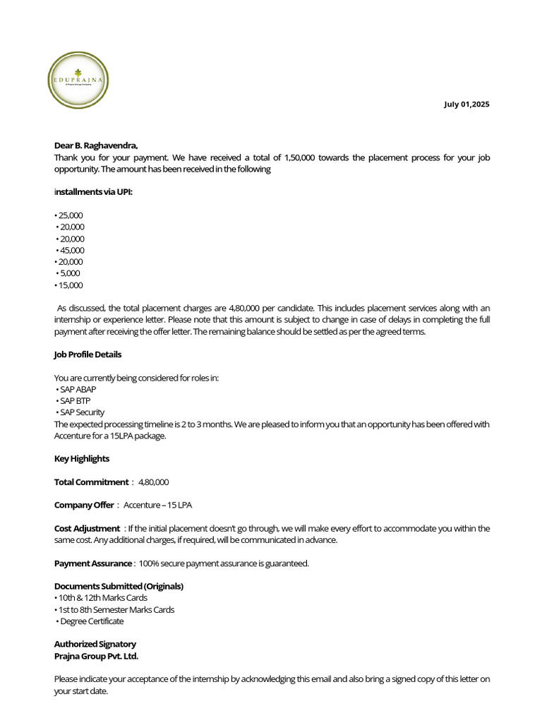 Placement Confirmation for Accenture Role | PDF