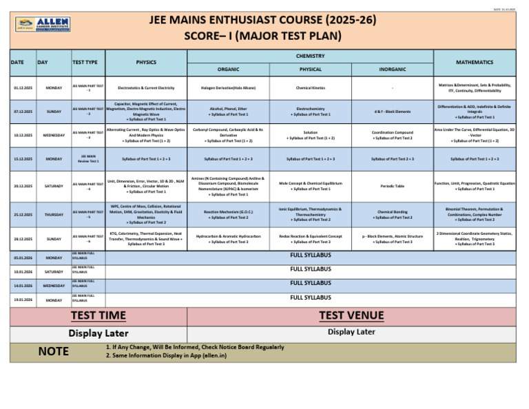 JEE Main 2025-26 Test Schedule | PDF | Chemical Reactions | Chemistry