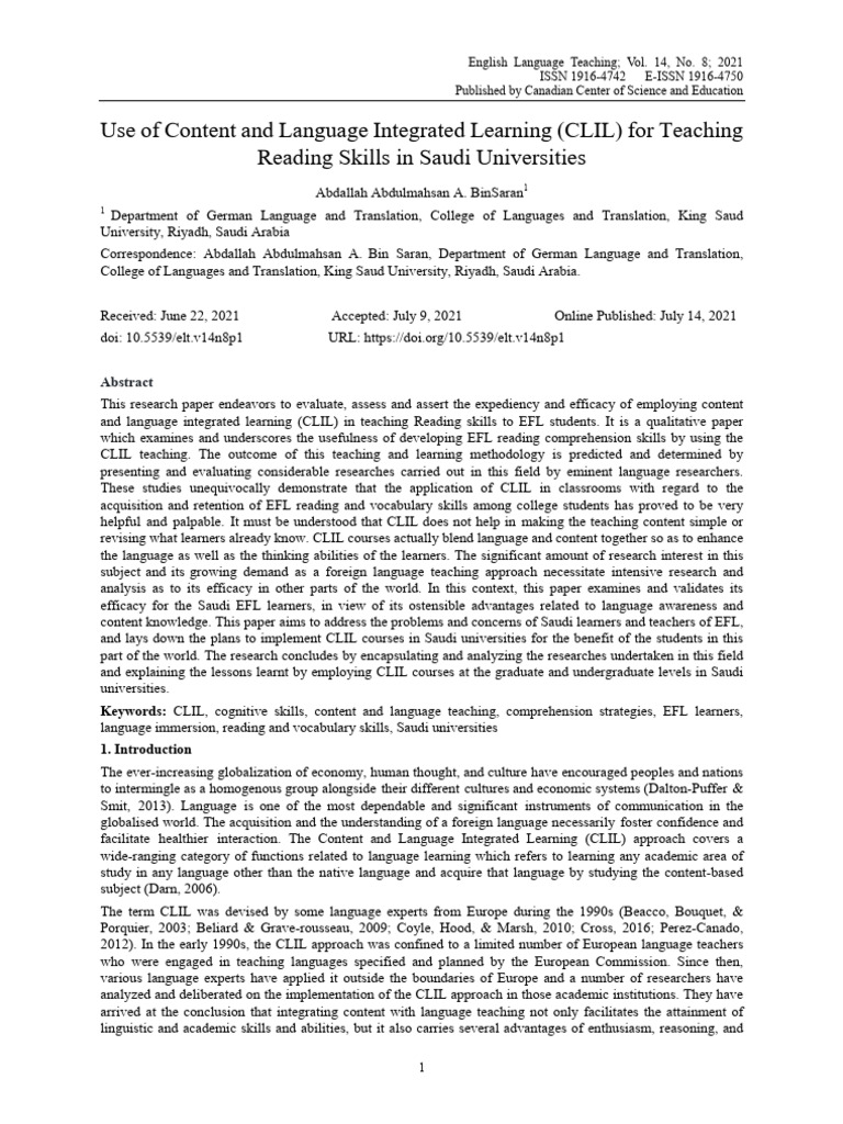 CLIL for Enhancing EFL Reading Skills | PDF | English As A Second Or ...