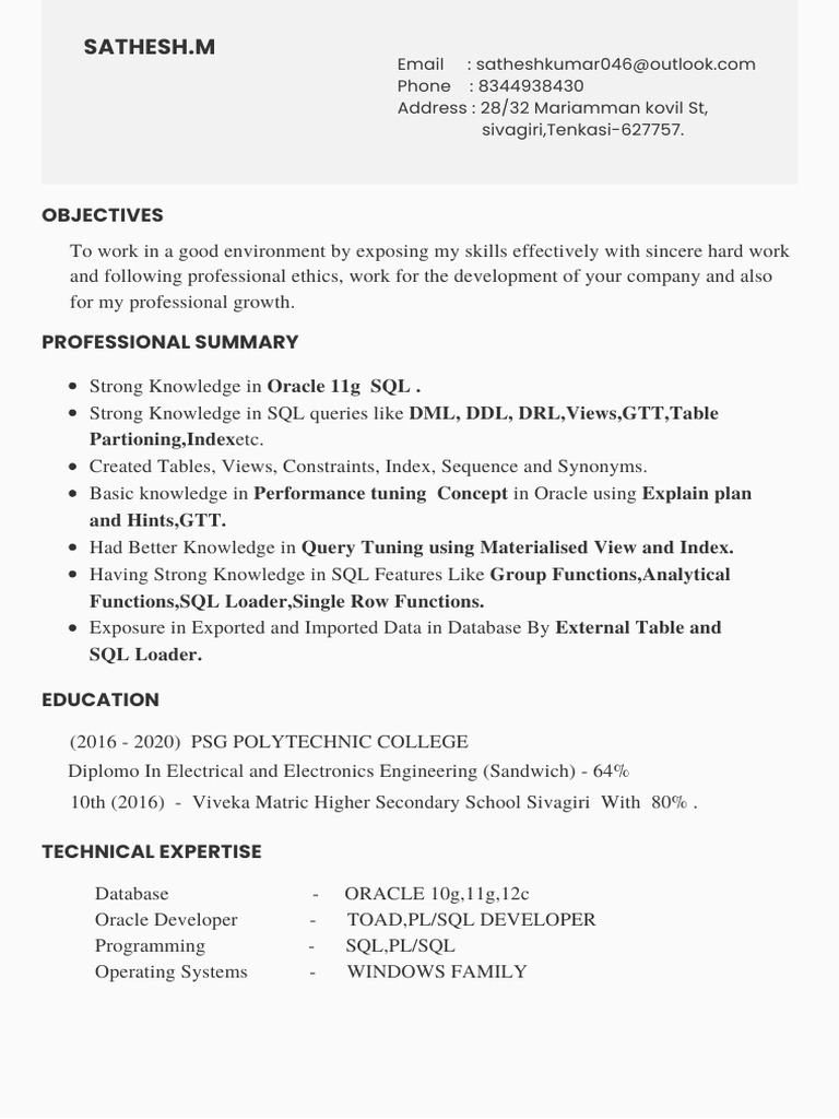 Oracle SQL Developer Resume | PDF