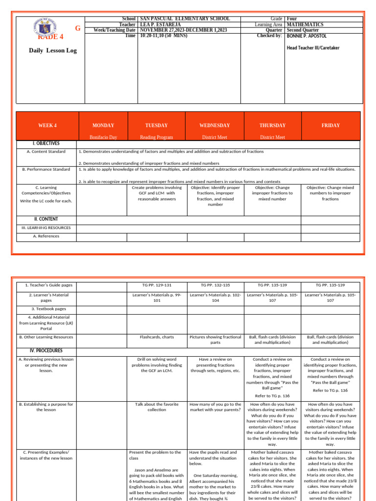 Grade 4 Math Lesson Plan: Fractions | PDF | Learning | Behavior ...