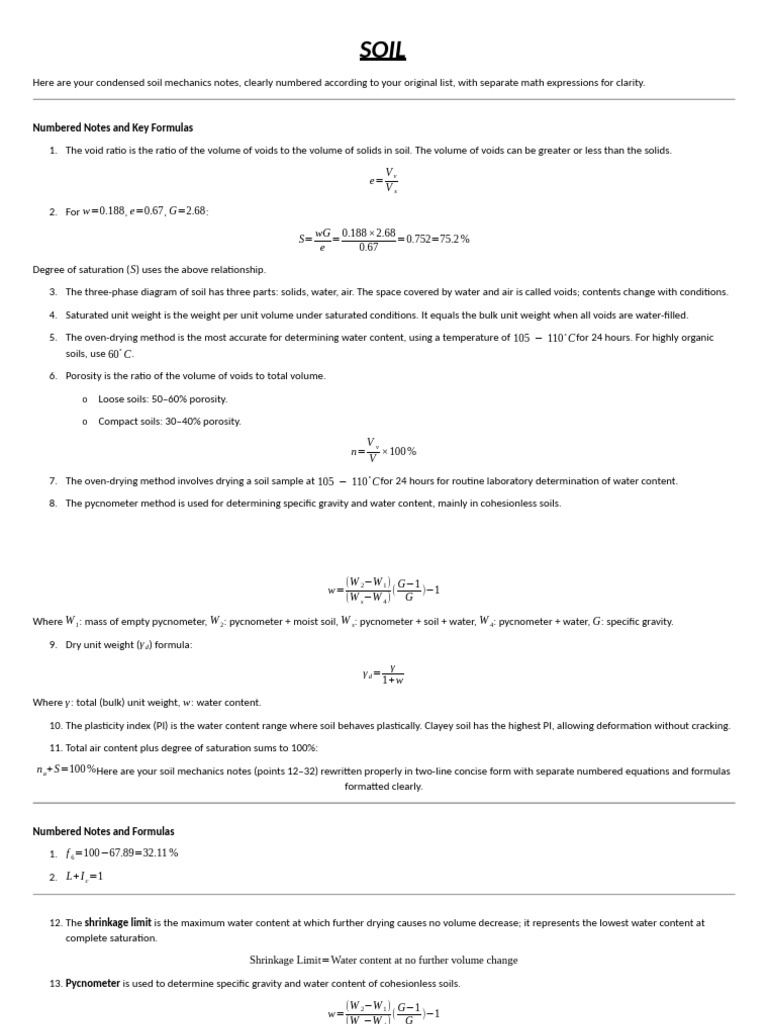 Soil Mechanics Notes and Formulas | PDF | Soil Mechanics | Soil