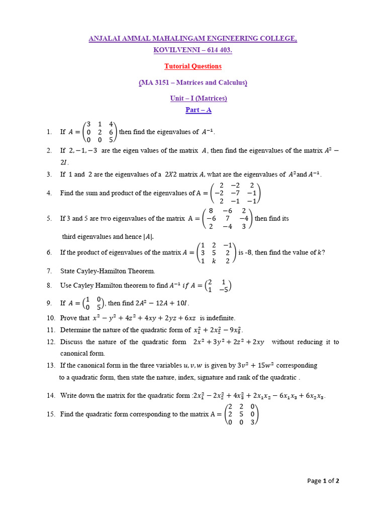 Matrices and Calculus Tutorial Questions | PDF | Matrix (Mathematics ...