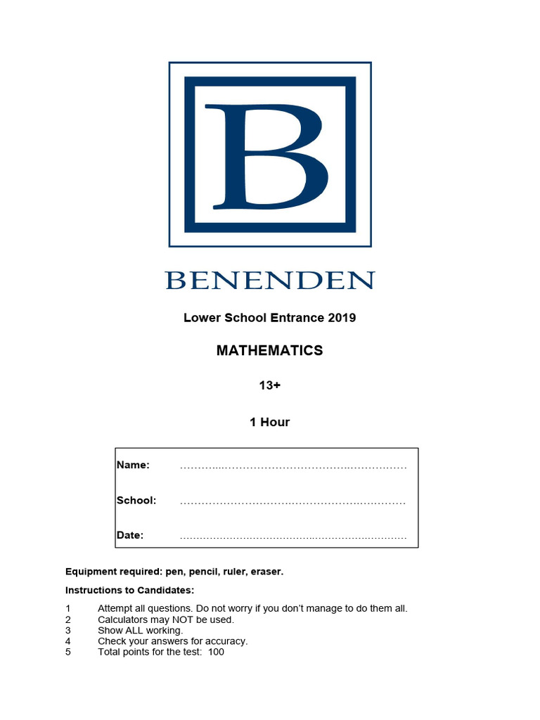 13 Maths Benenden 2019 | PDF | Rectangle | Geometry