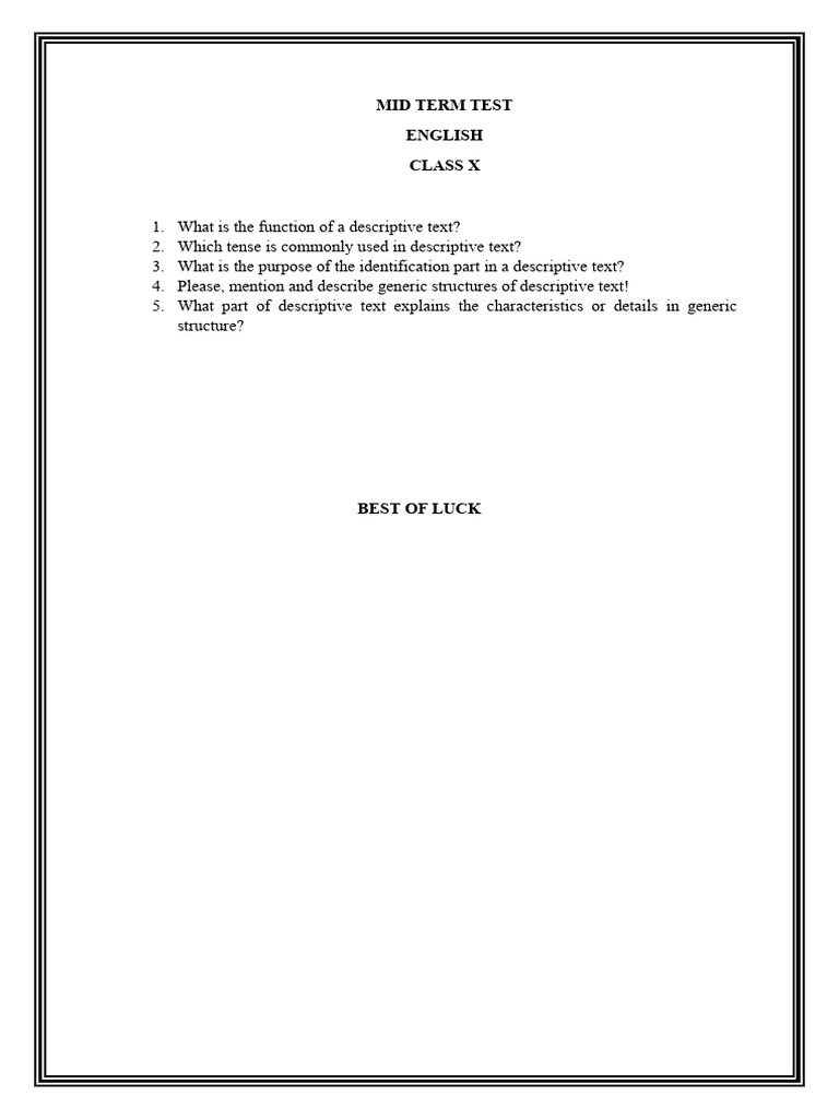 Class X English Descriptive Text Test | PDF