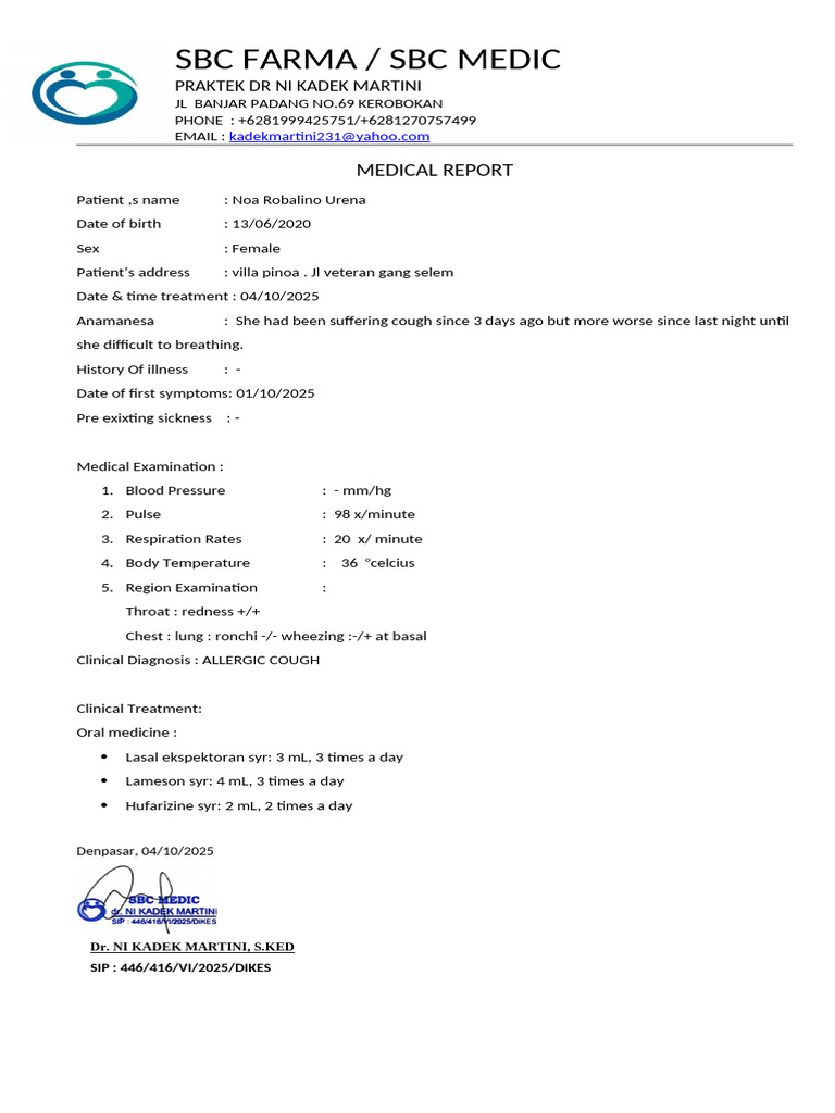 Medical Report for Noa Robalino Urena | PDF