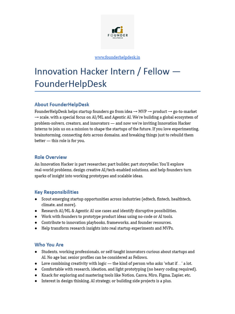 Innovation Hacker Internship at FounderHelpDesk | PDF | Startup Company ...