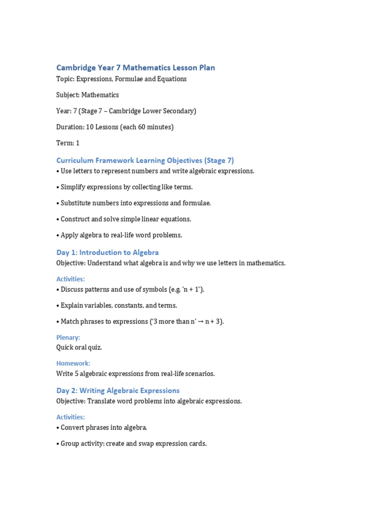 Year 7 Algebra Lesson Plan Overview | PDF | Algebra | Equations