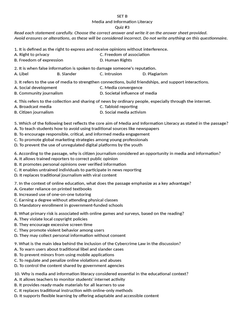 Media and Information Literacy Quiz 3 | PDF | Massive Open Online ...