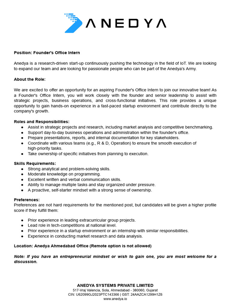 Anedya Founders Office Intern JD | PDF