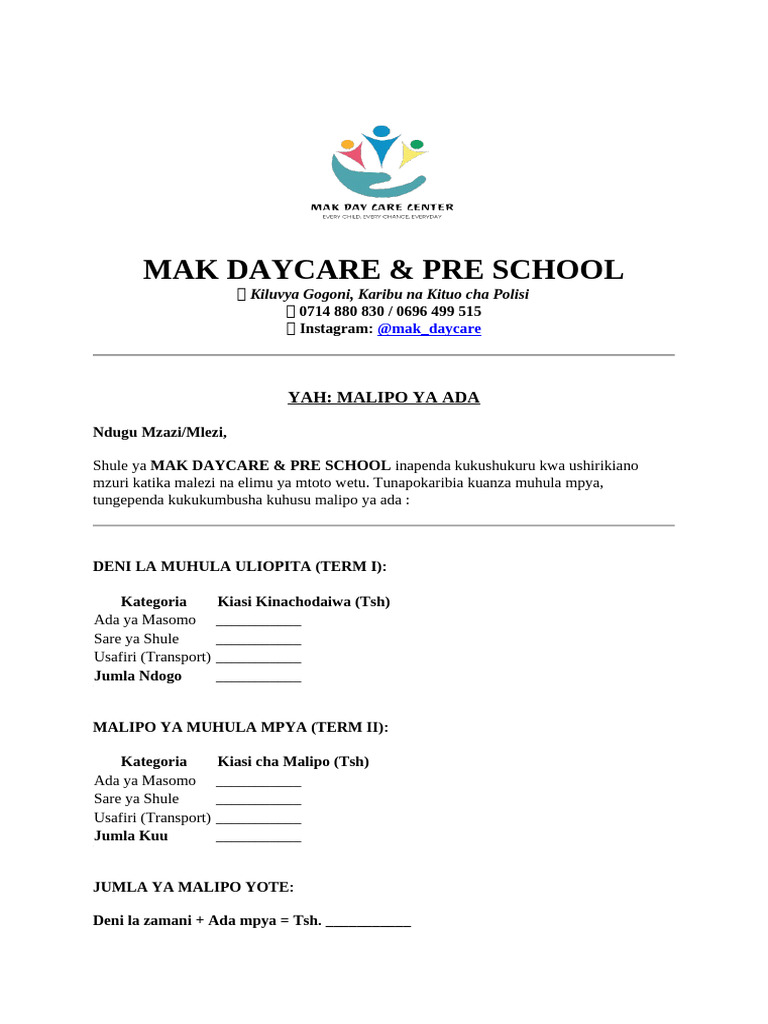 Mak Daycare Fee Form | PDF