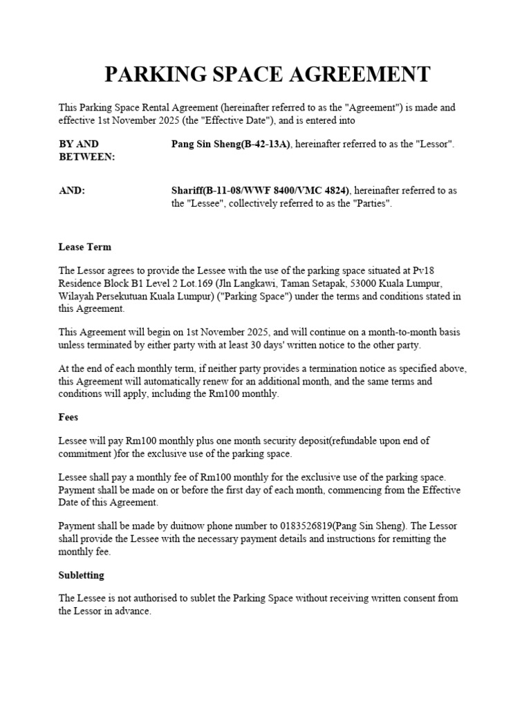 Parking Space Rental Agreement 2025 | PDF | Lease | Private Law