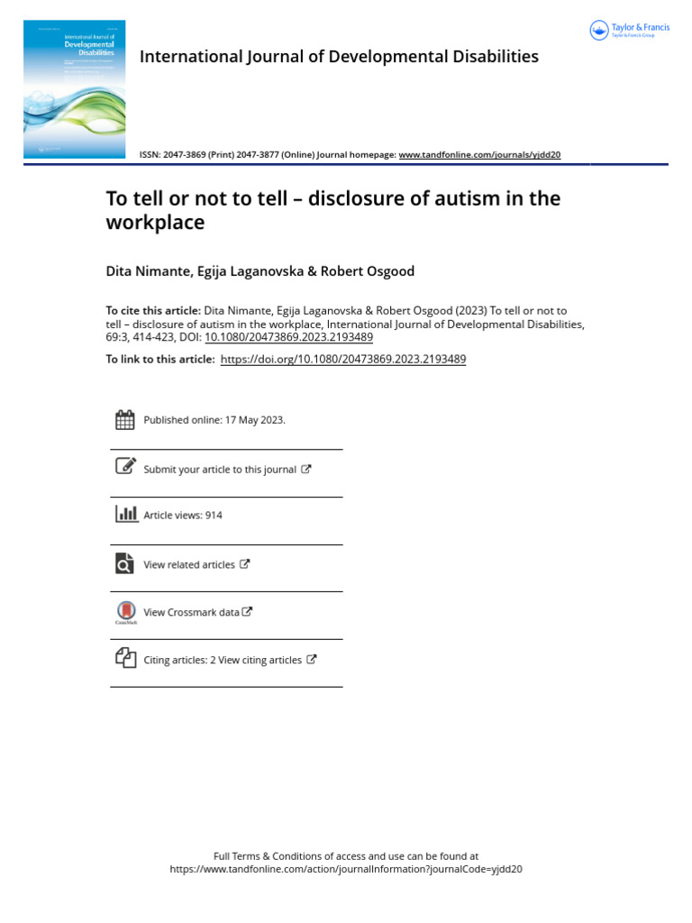 To Tell or Not To Tell Disclosure of Autism in The Workplace | PDF ...