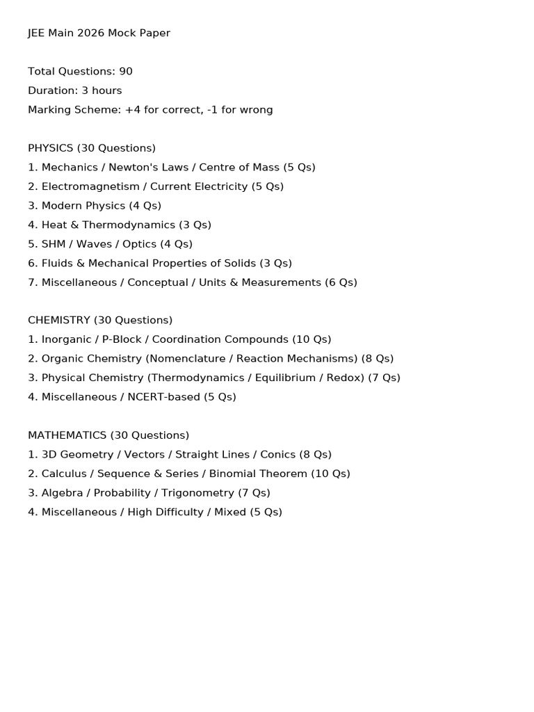 JEE Main 2026 Mock Test Paper | PDF