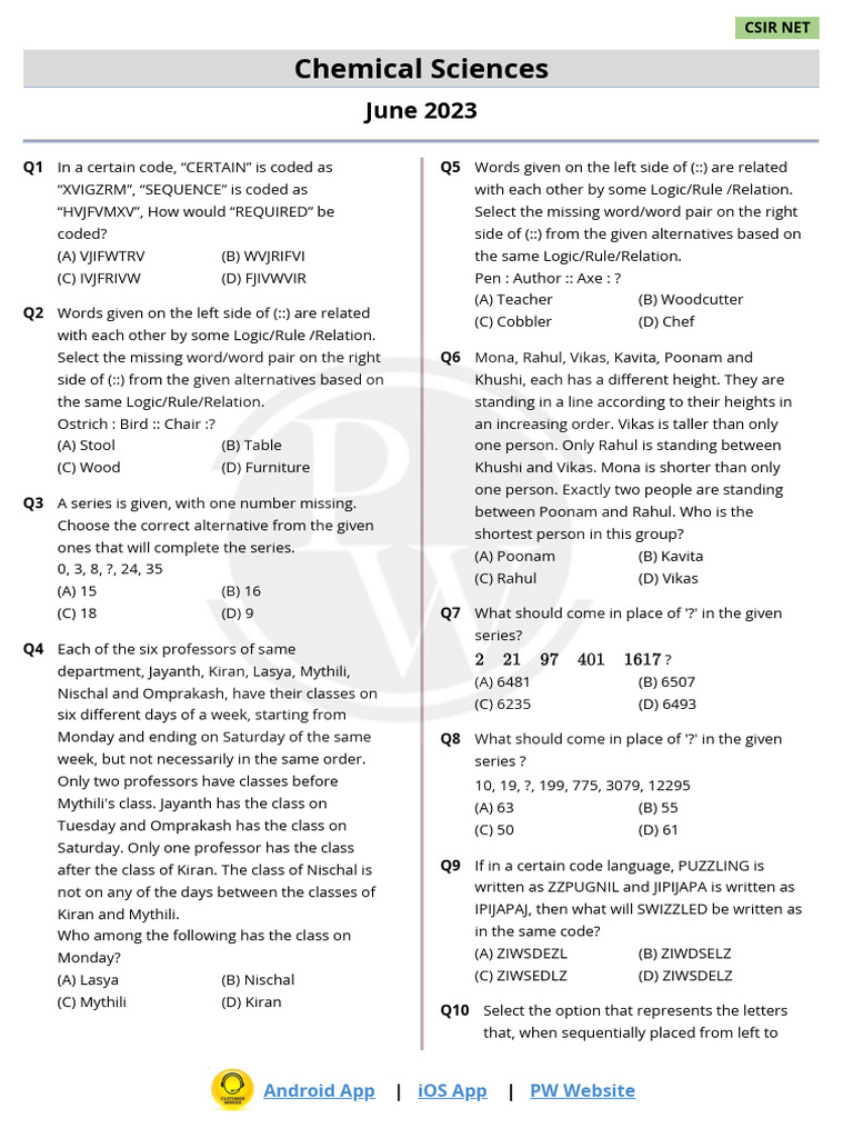 CSIR NET Chemical Sciences June 2023 Exam | PDF | Chemical Reactions ...