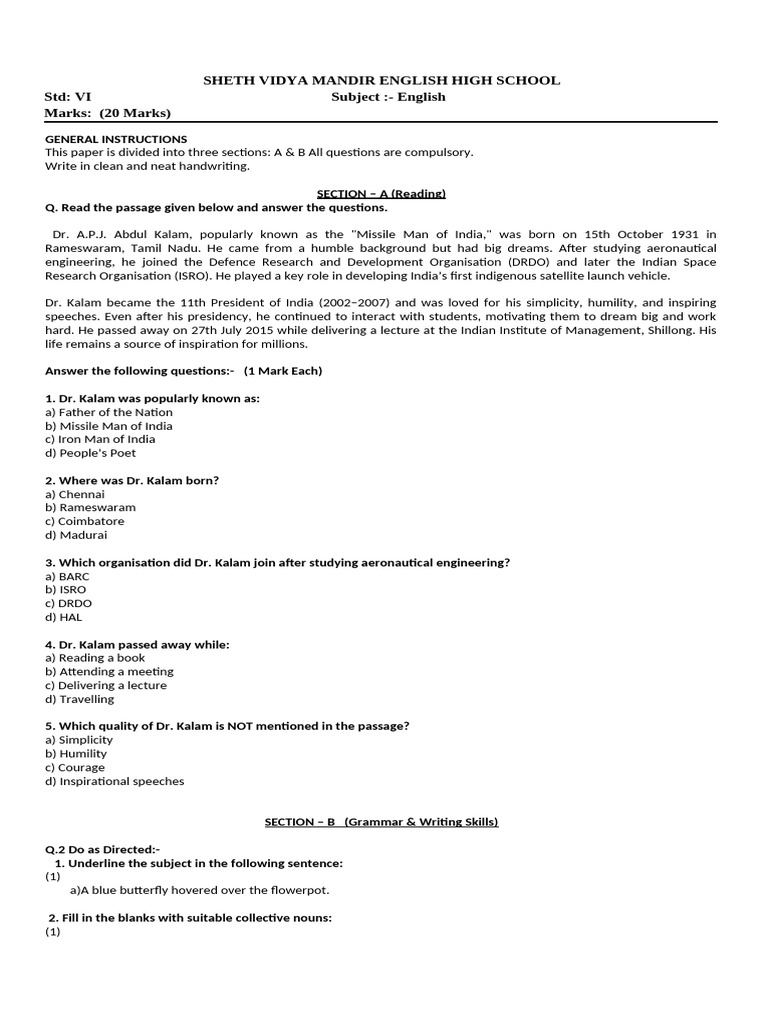 English Std 6 2025 - 26 | PDF | Syntax | Linguistics