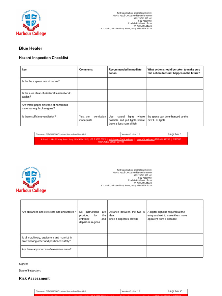 Hazard Inspection Checklist Template | PDF | Occupational Safety And ...