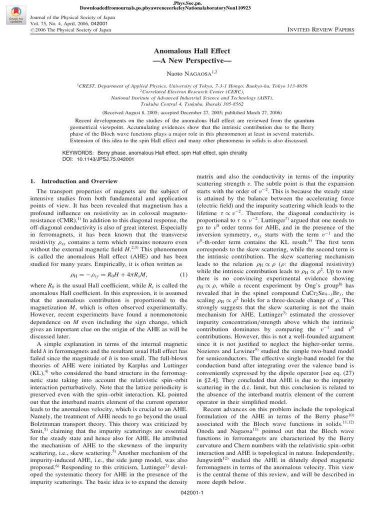 Anomalous Hall Effect Insights | PDF | Spin (Physics) | Wave Function