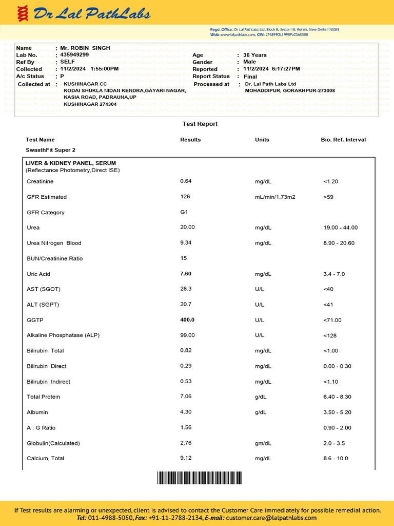 Comprehensive Health Test Report for Male | PDF | Low Density ...