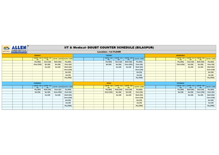 Iit & Medical-Doubt Counter Schedule (Bilaspur) : Location: 1st FLOOR | PDF