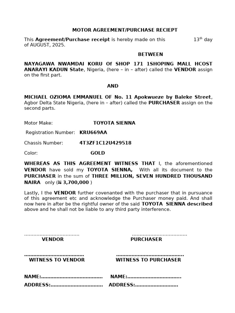 Toyota Sienna Purchase Agreement 2025 | PDF