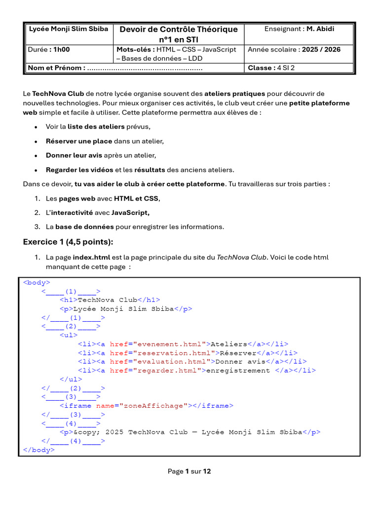 Devoir de Contrôle en STI sur HTML/CSS | PDF | Élément HTML | Cyberespace
