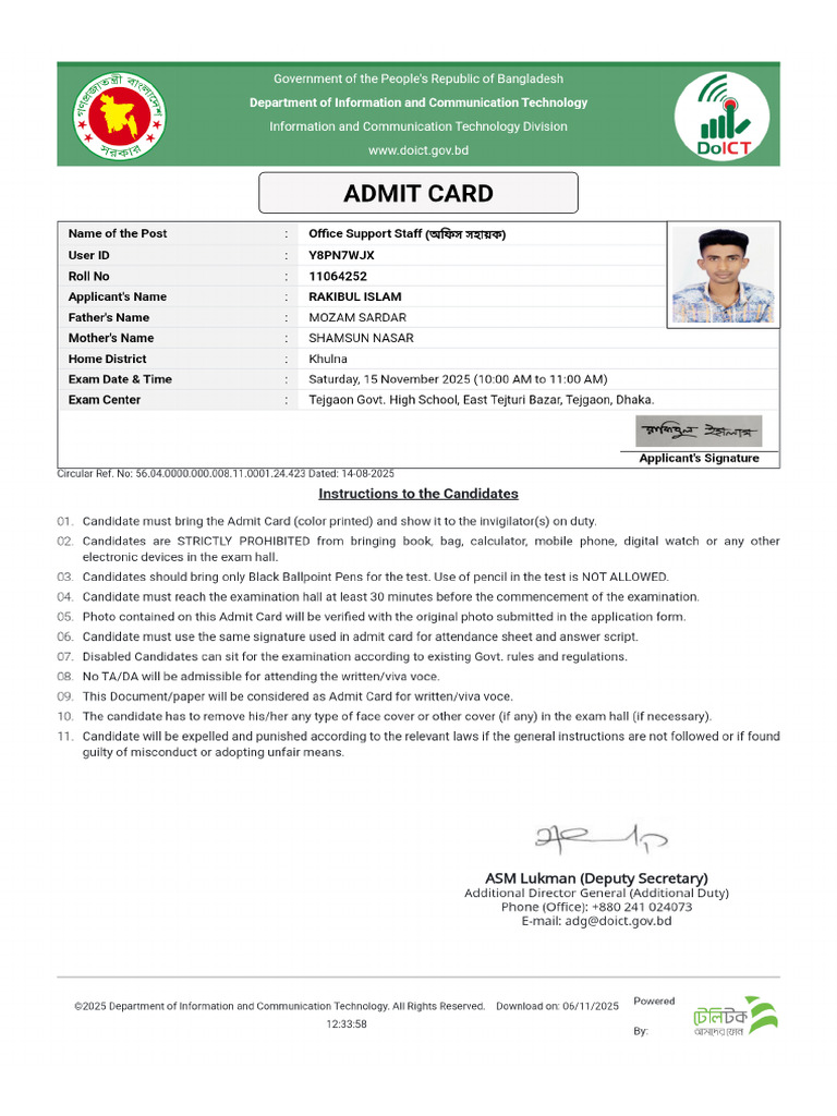 Admitcard Doict Y8pn7wjx | PDF