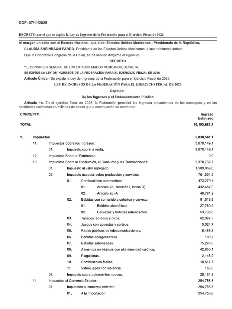 Ley de Ingresos de La Federación para El Ejercicio Fiscal de 2026 | PDF