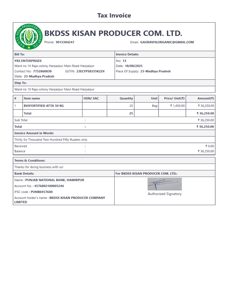 Tax Invoice for Biofortified Atta Purchase | PDF