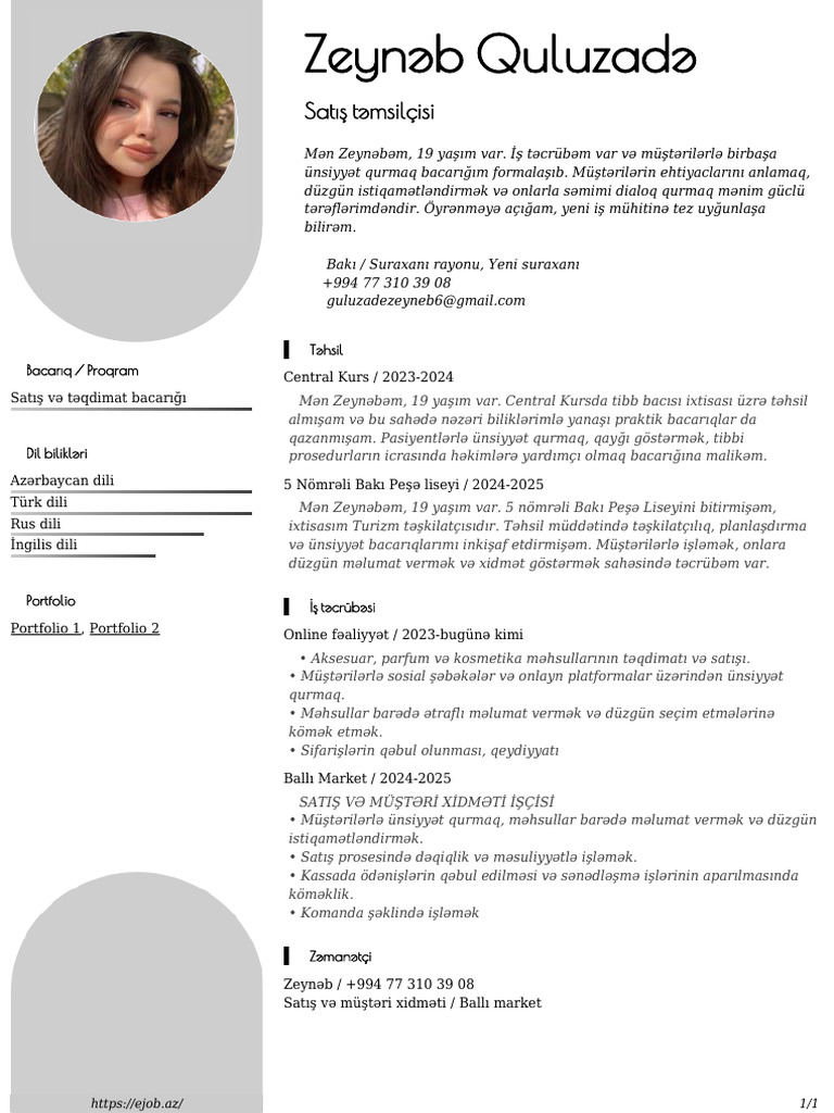 CV - Zeynəb Quluzadə EJob - Az | PDF