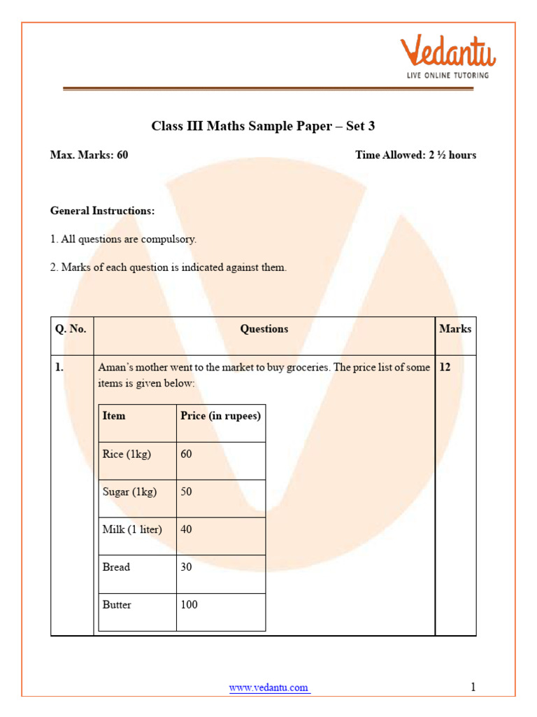 Class III Maths Sample Paper Set 3 | PDF