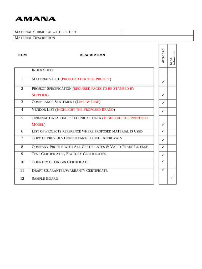 Material Submittal Check List | PDF