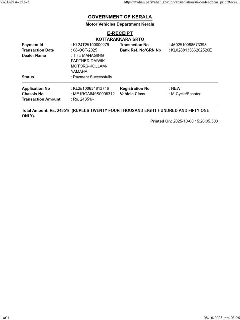 Payment Receipt for Vehicle Registration | PDF