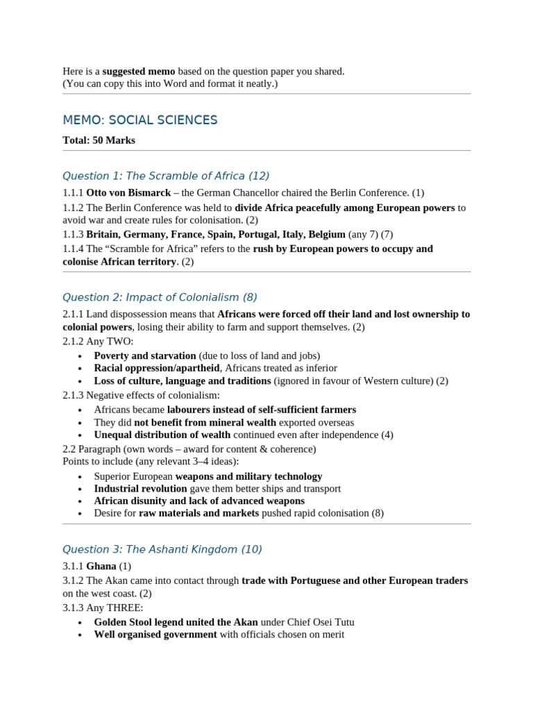 Social Sciences Memo: Colonialism & Africa | PDF | Colonialism