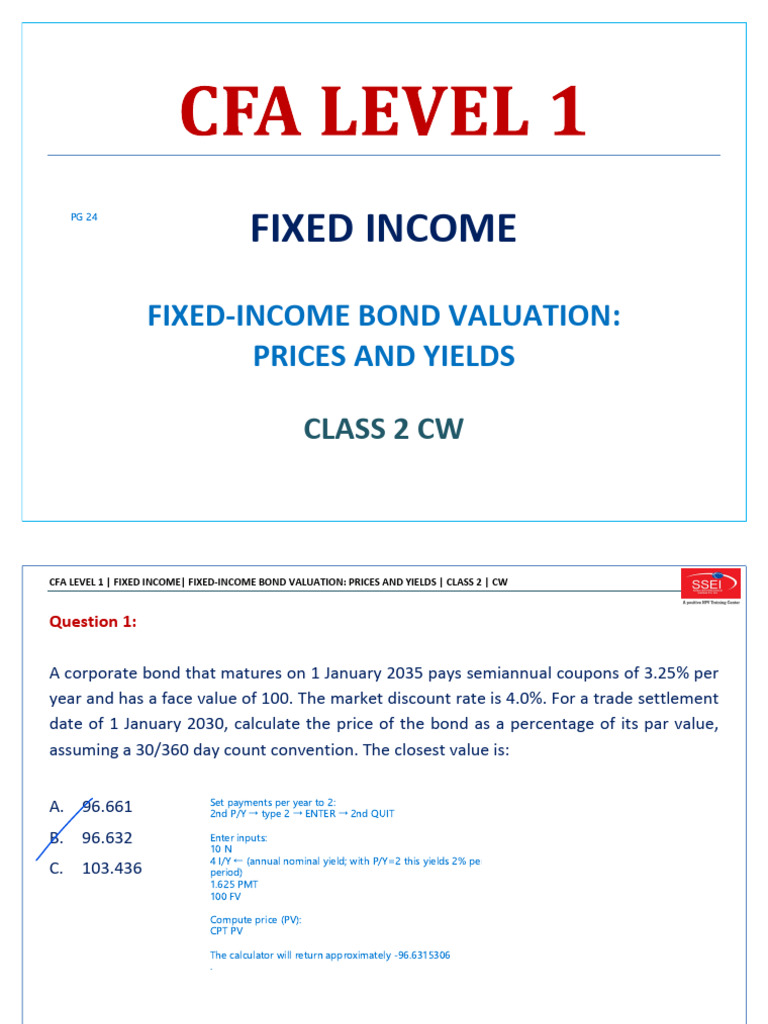 Cfa l1 Fixed-Income Bond Valuation Prices and Yields CW Class 2-7 Q & A ...