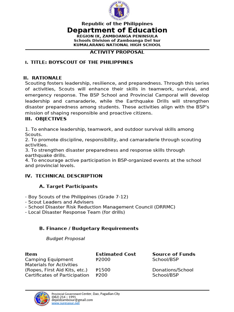 BSP Activity Proposal for Scouts | PDF | Emergency Management