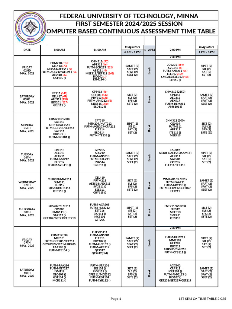 2024/2025 1st Semester CA Timetable | PDF