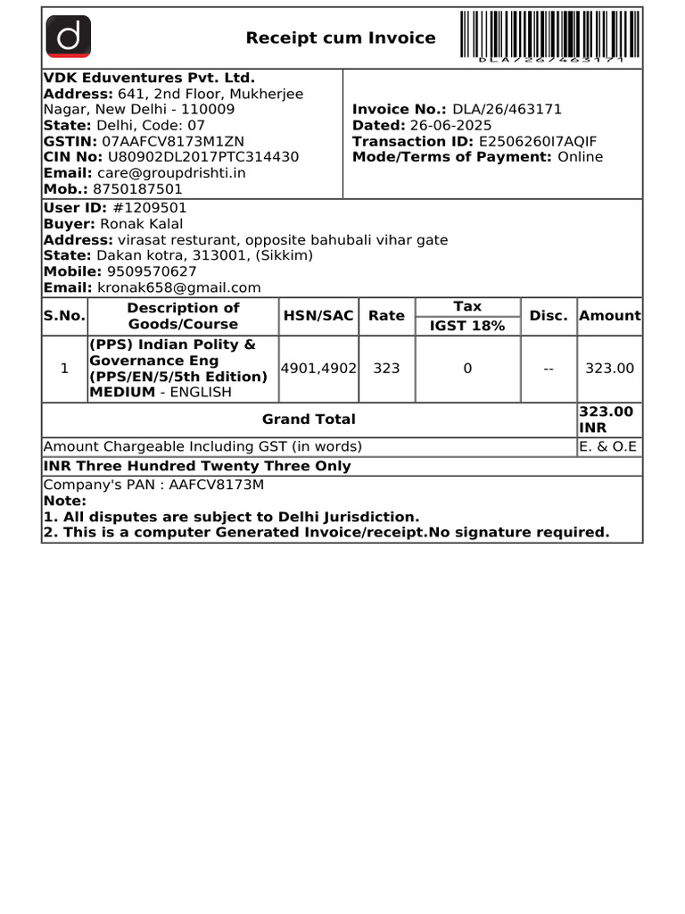 Invoice for Indian Polity Course - VDK Eduventures | PDF