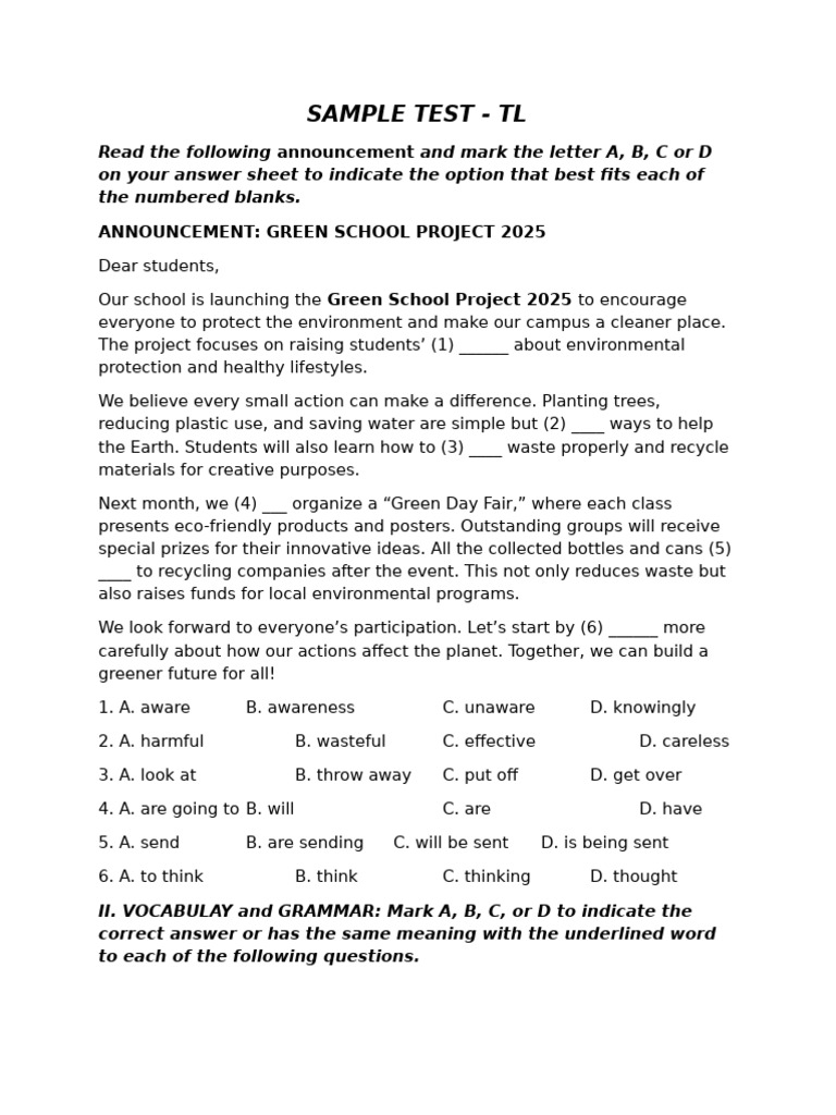 Sample Test Tl 10 Midterm | PDF | Recycling