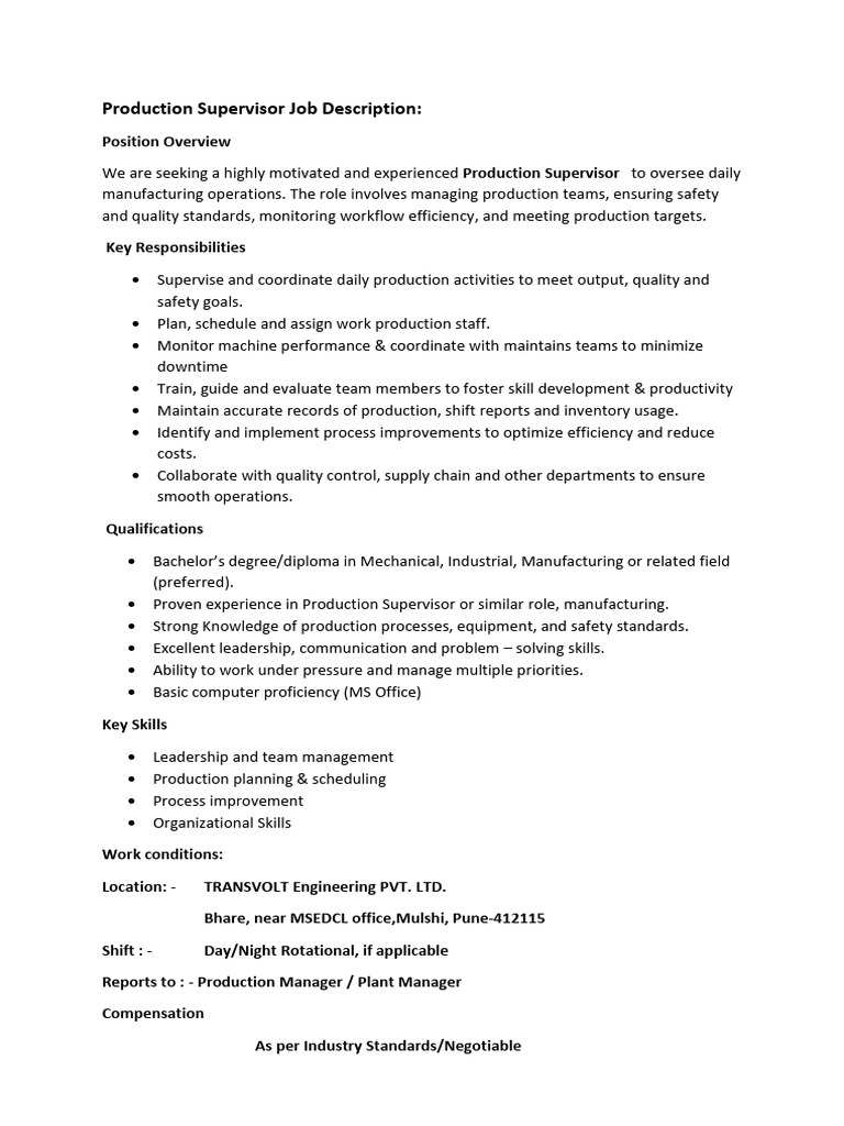 Production Supervisor Job Overview | PDF