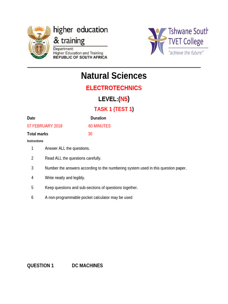 Electrotechnics N5 Test on DC Machines | PDF | Electric Generator ...