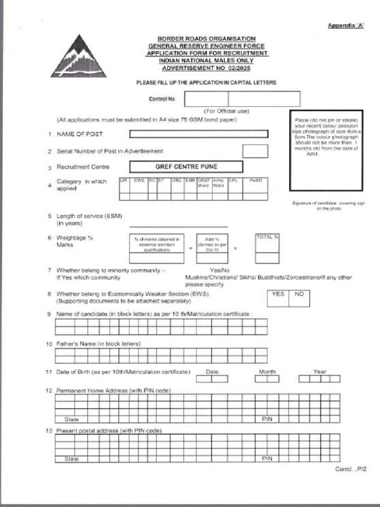 BRO GREF Recruitment Application Form | PDF | Politics Of India ...