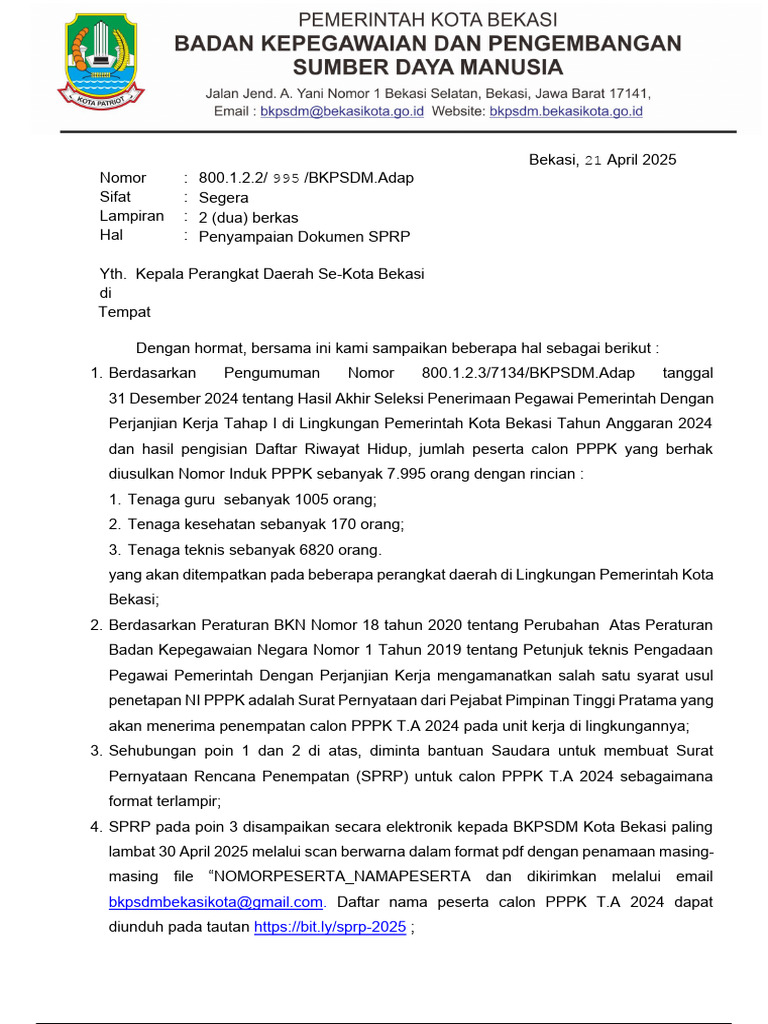 Format SPRP Calon PPPK 2024 Bekasi | PDF