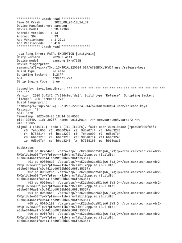 Unity Crash Report for Samsung A736B | PDF | Android (Operating System ...
