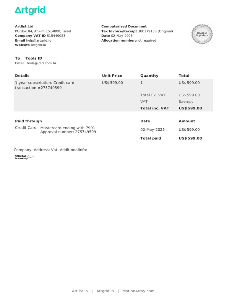 Artlist Invoice for Subscription Payment | PDF