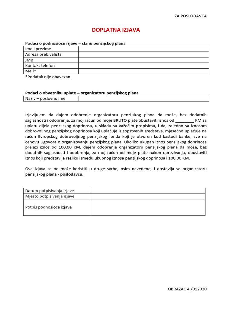 Obrazac 4 Doplatna Izjava | PDF