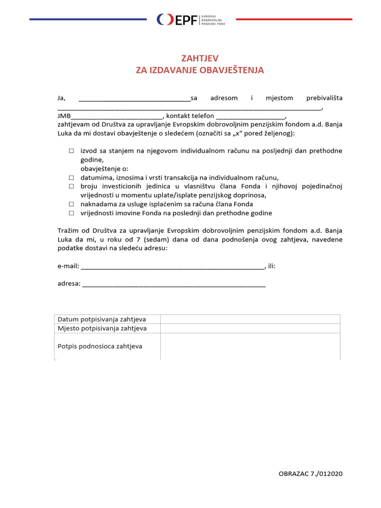 Obrazac 7 - Zahtjev Za Izdavanje Obavjestenja | PDF