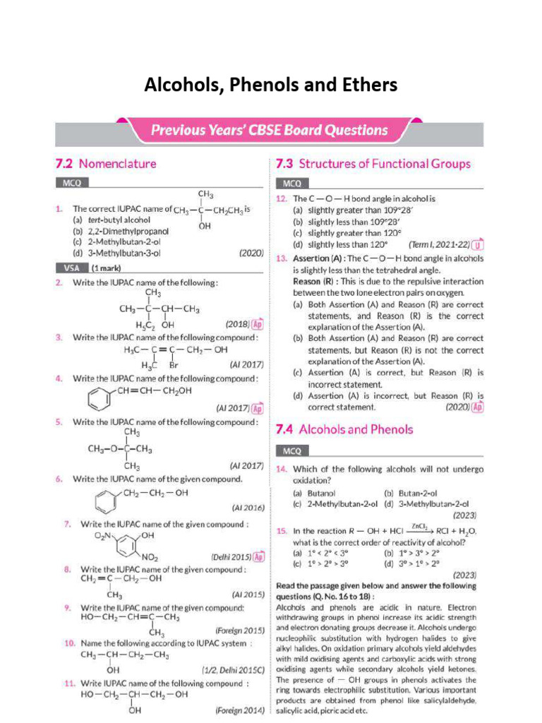 Pyq Che Alcohol Phenols and Ethers | PDF