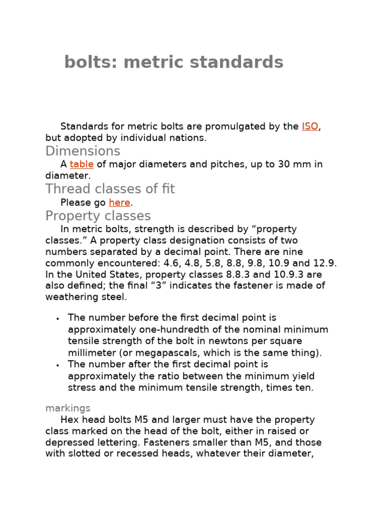 Metric Bolt Standards and Classes | PDF | Screw | Mechanical Engineering